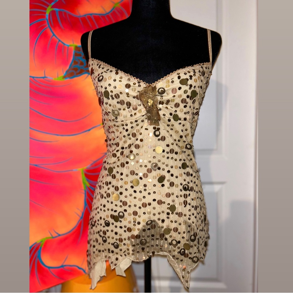 Bebe - Gold Sequins Tie Back Pixie Top - Women’s Size Large
